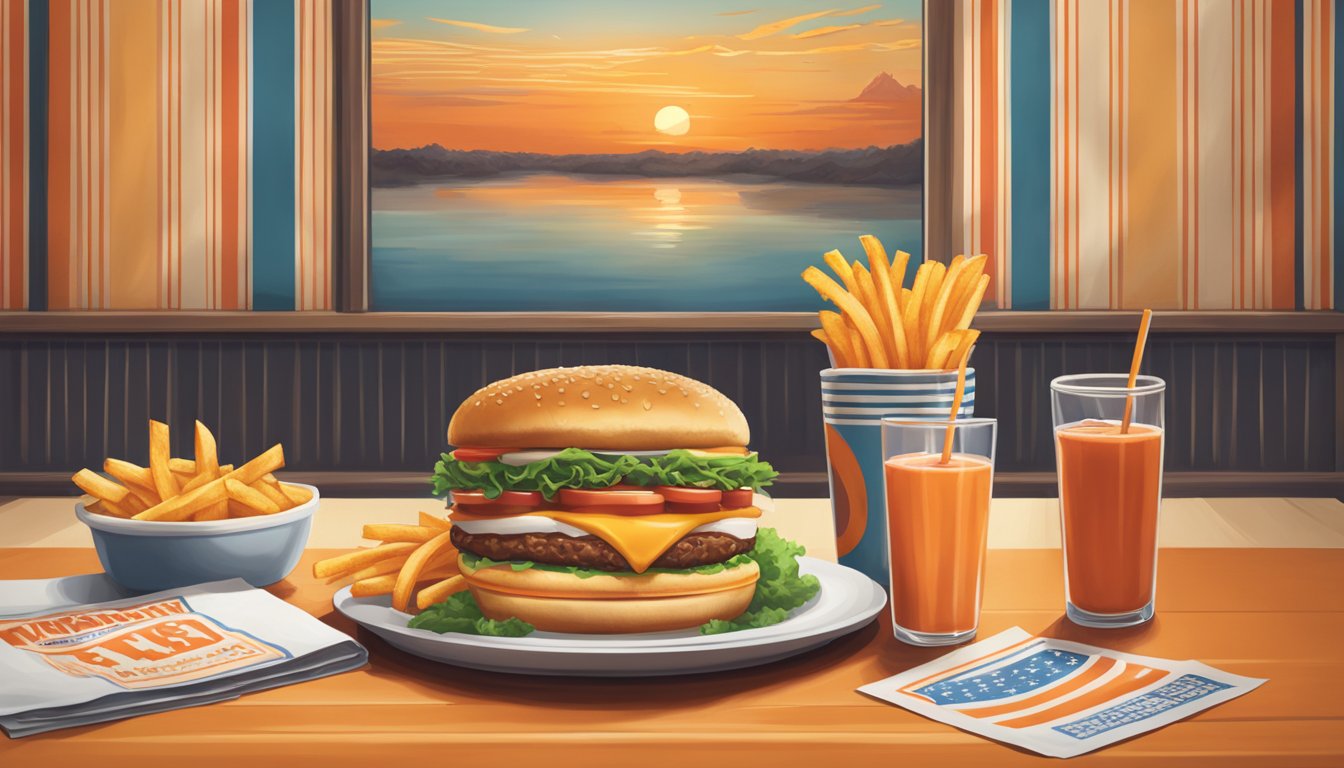 A table with a Whataburger meal, including a burger, fries, and a cup of fancy ketchup, set against a backdrop of Texas-themed decor