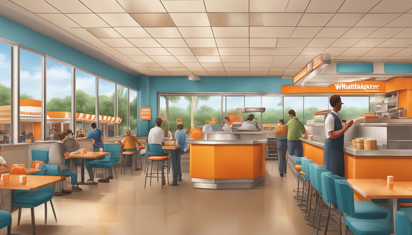 A bustling Whataburger restaurant, with a warm and welcoming atmosphere. Customers enjoy their meals while staff members provide friendly and attentive service