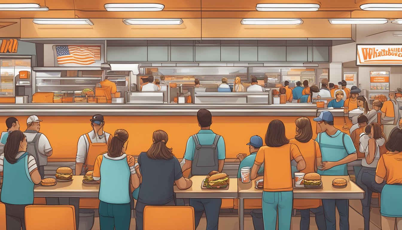 A bustling Whataburger restaurant with a long line of customers eagerly waiting to order their famous burgers