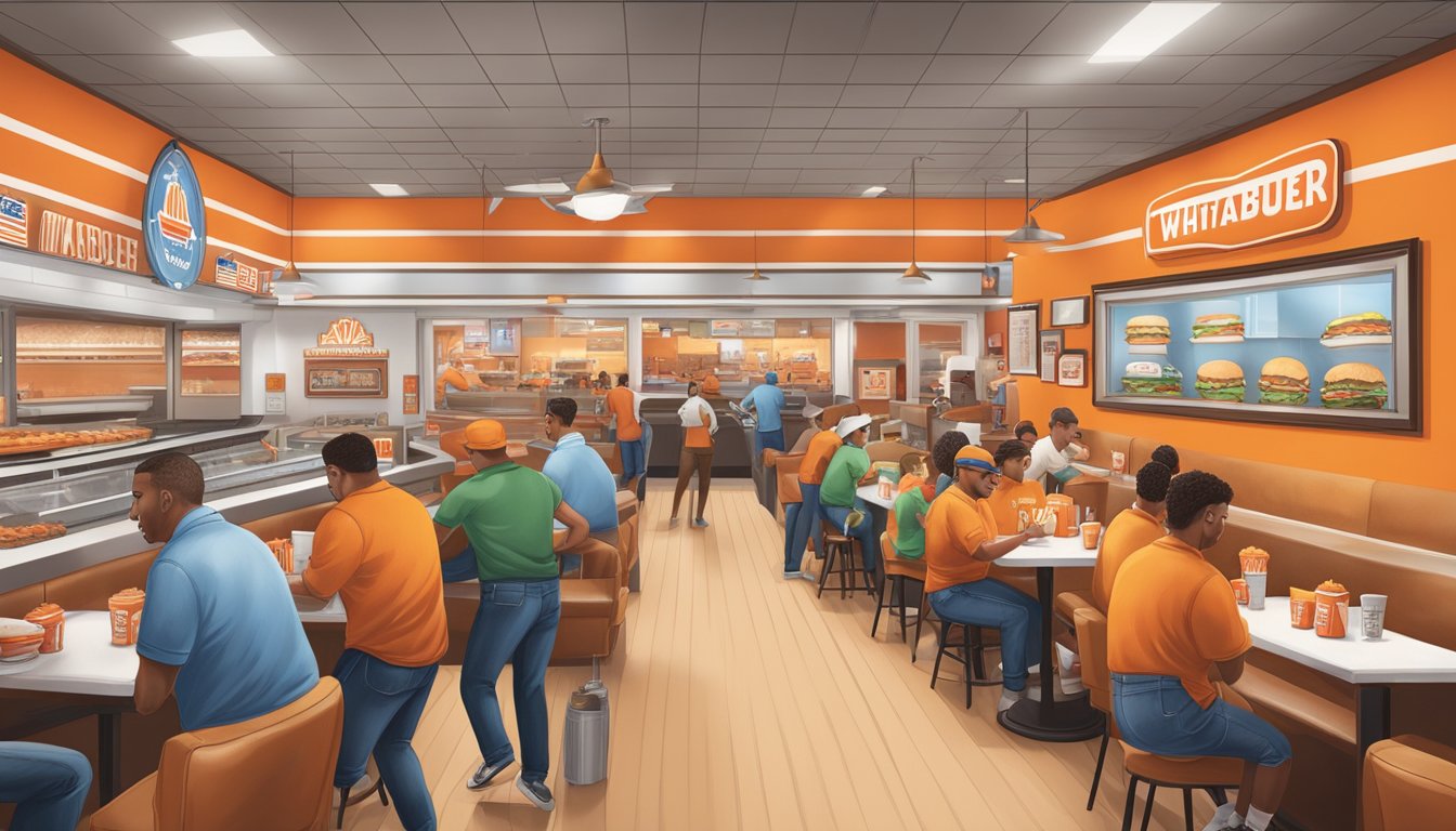 A bustling Whataburger restaurant with a line of customers customizing their burgers, surrounded by Texas-themed decor and memorabilia