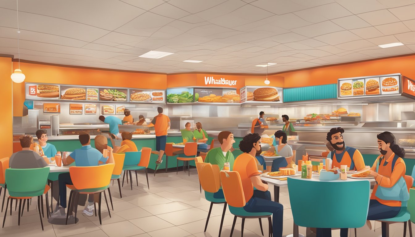 A bustling Whataburger restaurant with a colorful display of seasonal specials and 12 popular menu items, surrounded by happy Texan customers