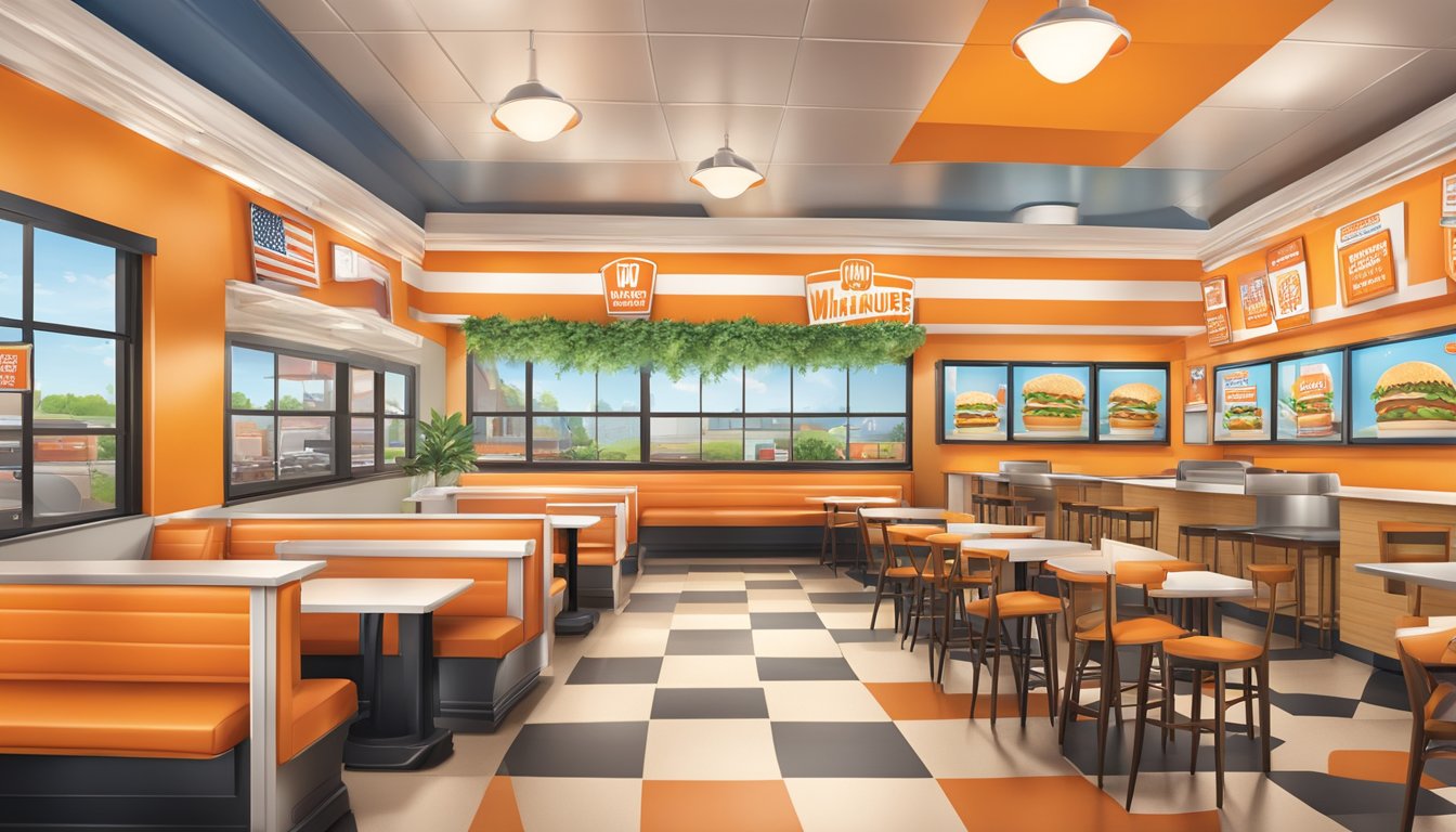 A colorful, bustling Whataburger restaurant with oversized meals and 20 fun facts displayed on the walls