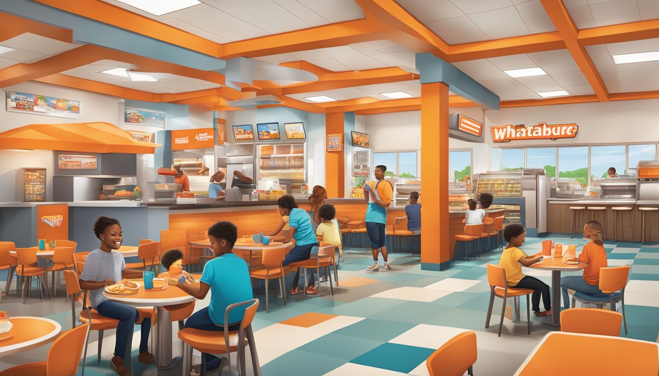 A bustling Whataburger restaurant with families enjoying their meals, children playing in the indoor playground, and employees serving up iconic Texas favorites