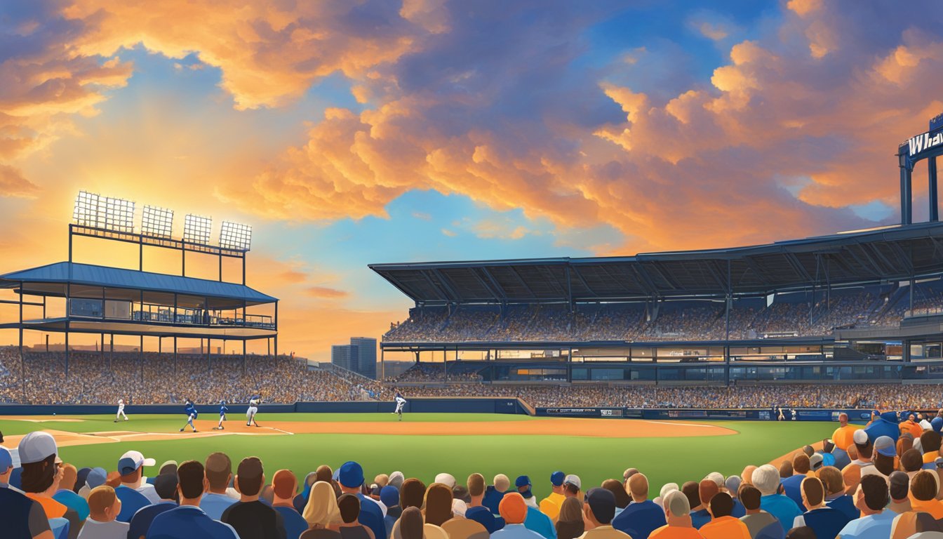 The Whataburger Field baseball stadium with a large crowd and a backdrop of the sunset