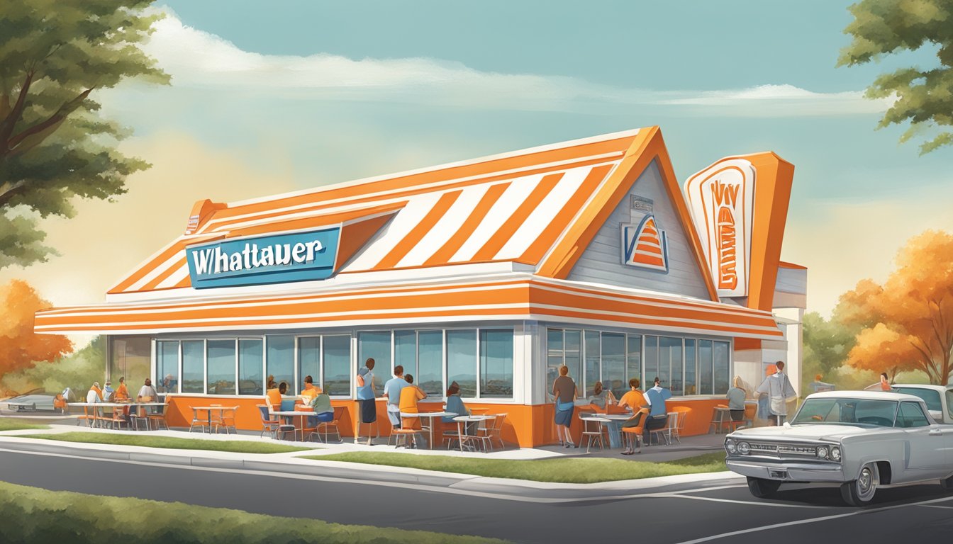 A bustling Whataburger restaurant with a iconic orange and white striped A-frame building, filled with happy customers enjoying their meals