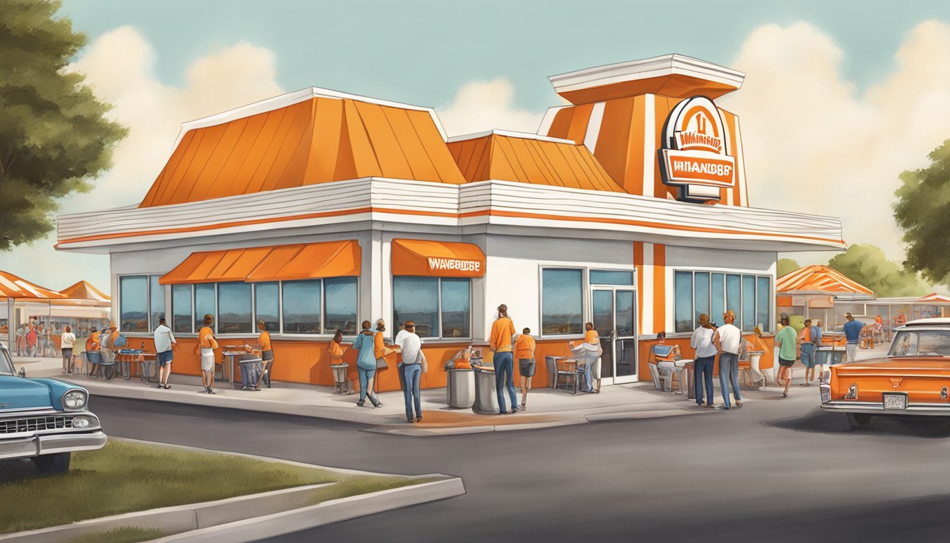 A bustling Whataburger restaurant with iconic orange and white striped roof, crowded parking lot, and customers enjoying classic Texas traditions