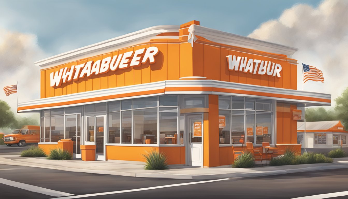 A bustling Whataburger restaurant with iconic orange and white stripes, serving up classic Texas favorites like burgers and spicy ketchup