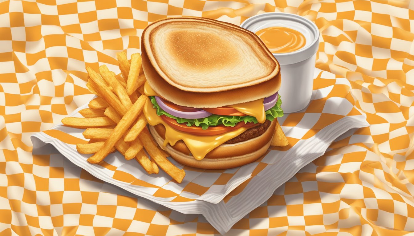 A sizzling grilled cheese Whataburger sits on a checkered paper wrapper, surrounded by a halo of golden fries and a cup of creamy dipping sauce