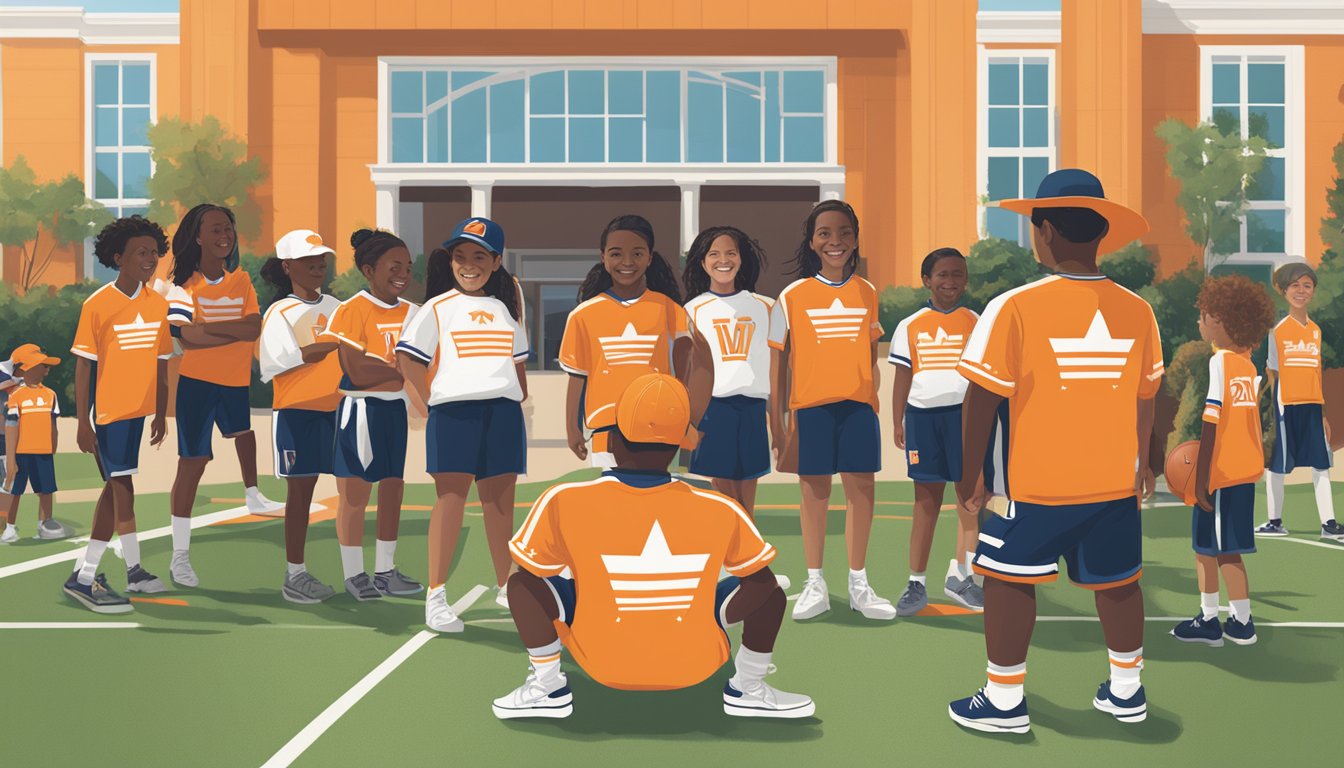 Whataburger logo prominently displayed on sports jerseys of local youth teams at a community event