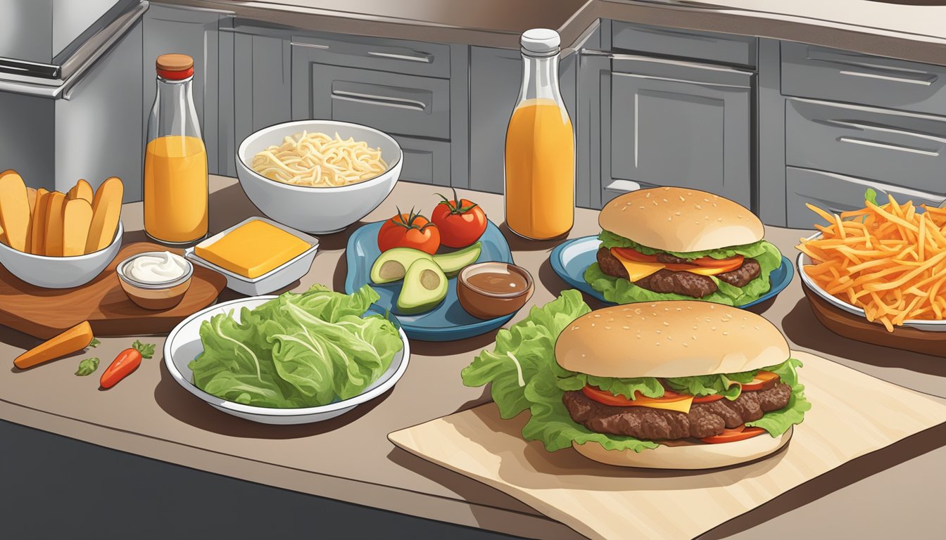 A kitchen counter with ingredients like beef, cheese, lettuce, tomato, and buns laid out for making Whataburger recipes