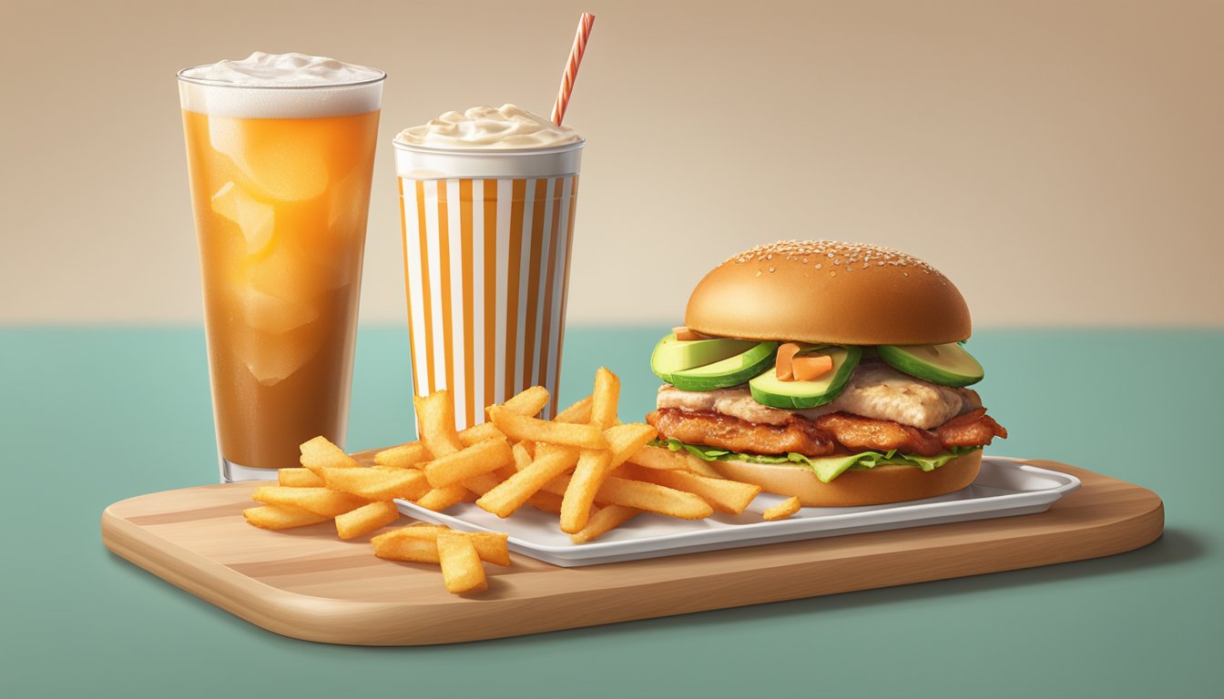 A sizzling bacon avocado grilled chicken sandwich on a Whataburger tray with a side of crispy fries and a cold drink