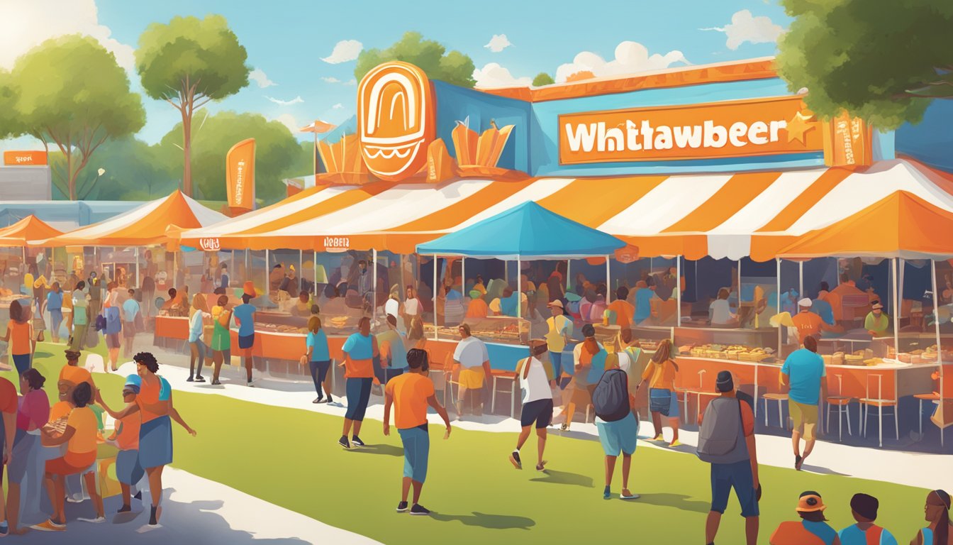 A vibrant outdoor festival with Whataburger branding, featuring food vendors, live music, games, and a diverse crowd enjoying the festivities