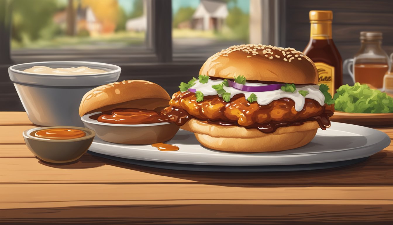 A sizzling chicken breast smothered in honey BBQ sauce on a toasted bun, surrounded by a ranch-style setting with a rustic wooden table and a bottle of BBQ sauce