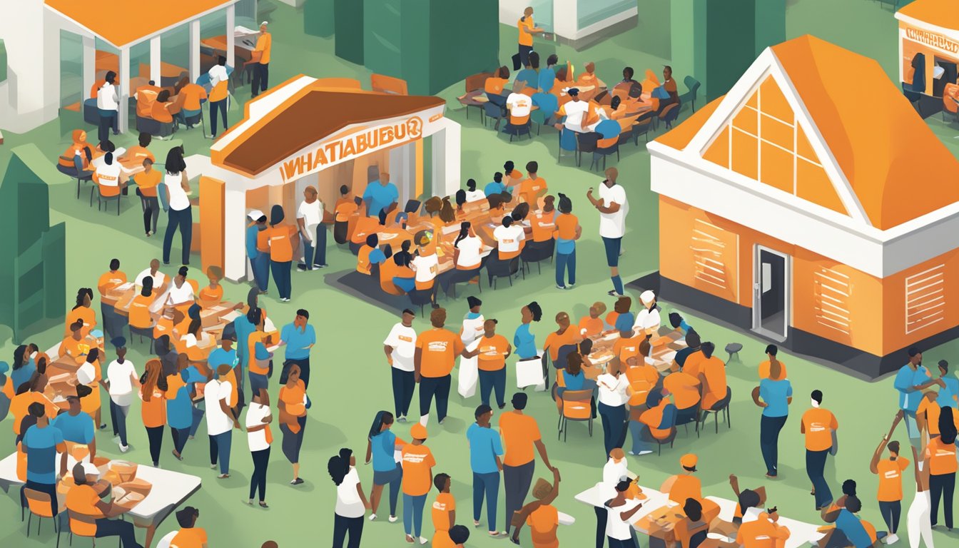 Whataburger logo surrounded by diverse community members receiving health education and resources