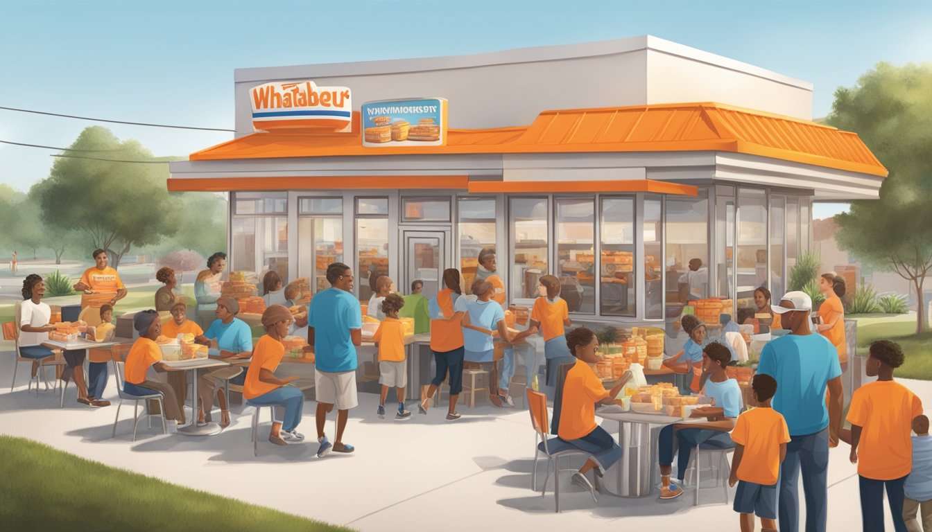 A bustling Whataburger restaurant with families and community members enjoying a meal together. Donation bins and volunteers collecting items for the Feeding Our Neighbors Initiative