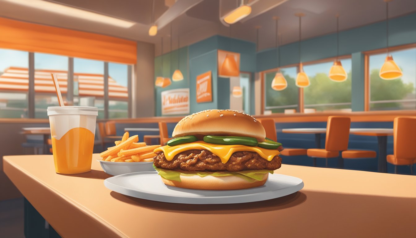 A sizzling breakfast sandwich with jalapeños sits on a toasted bun, surrounded by a warm, inviting atmosphere at a Whataburger restaurant