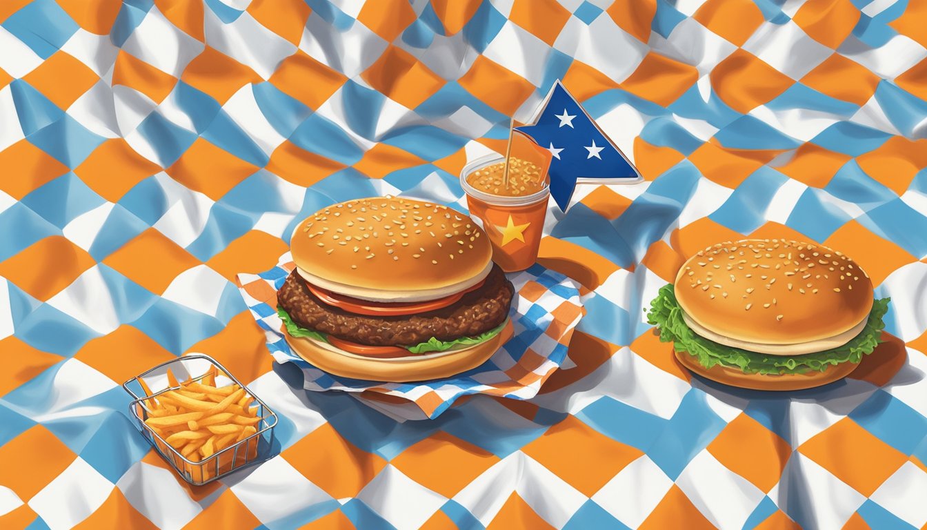 A lone star-shaped burger sits atop a checkered tablecloth, surrounded by Texan-themed decor and a vintage Whataburger sign