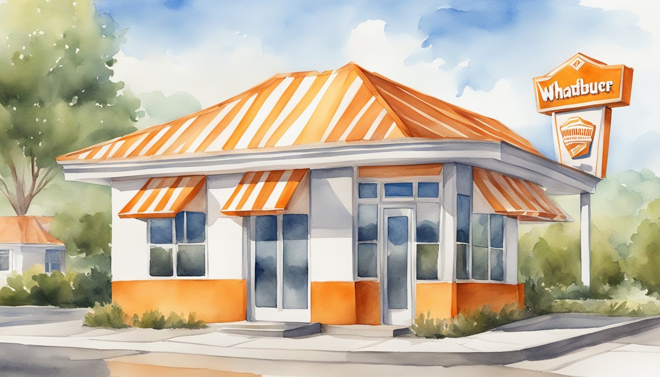 A colorful watercolor painting of a Whataburger restaurant with the iconic orange and white striped roof, surrounded by Texas landscape