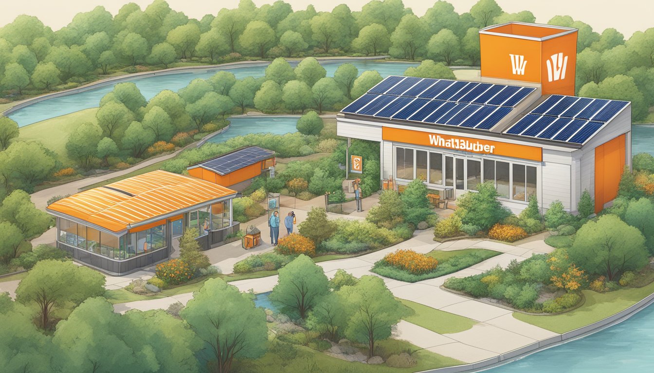 Whataburger logo surrounded by trees, recycling bins, community garden, solar panels, and clean water stream