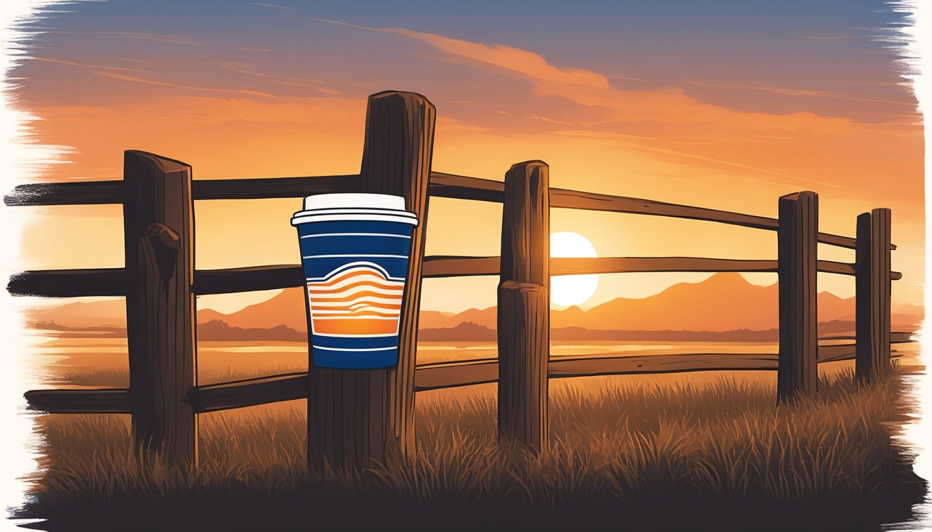 A lone Whataburger cup sits on a weathered wooden fence post, silhouetted against the warm hues of a Texas sunset