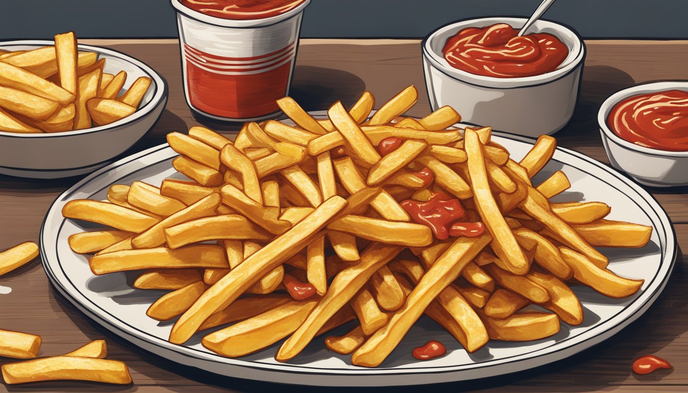 A plate of golden fries smothered in spicy ketchup, with a hint of secret menu vibes