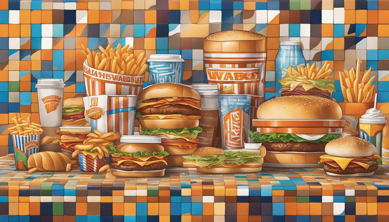 A colorful mosaic of Whataburger-inspired art pieces capturing the Texas spirit, featuring iconic elements of the beloved fast food chain