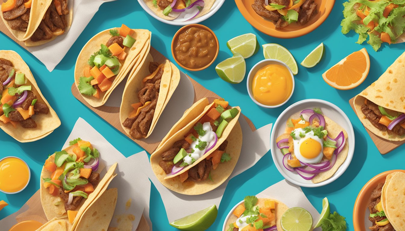 A colorful array of breakfast tacos with unique ingredients, displayed on a table with the Whataburger logo in the background