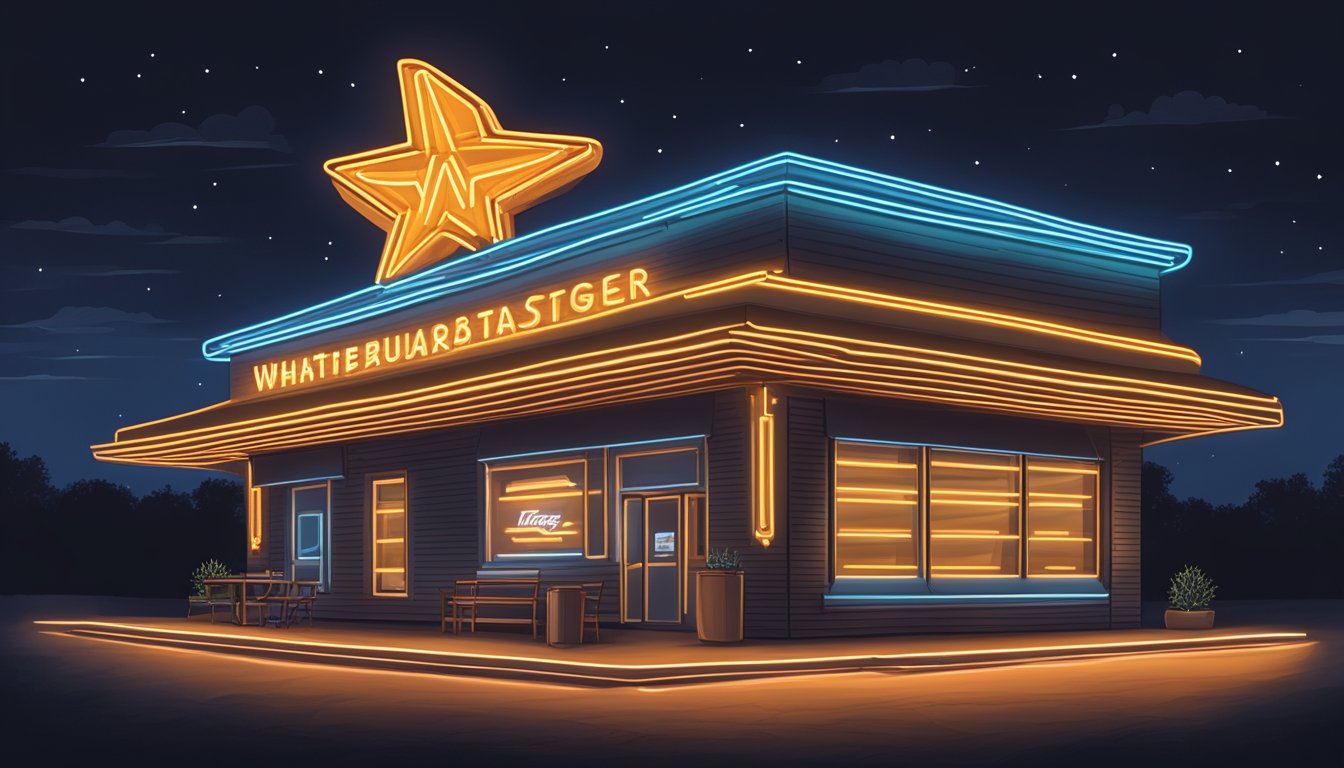 A neon Whataburger sign glowing against a dark Texas night, capturing the spirit of the Lone Star State