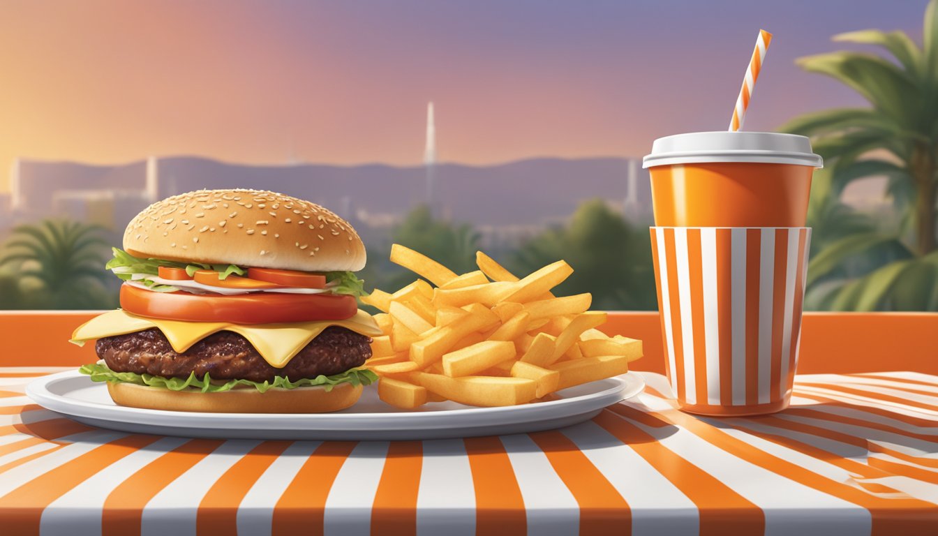 A table set with a classic Whataburger meal: burger, fries, and a cup of spicy ketchup, with the iconic orange and white stripes in the background