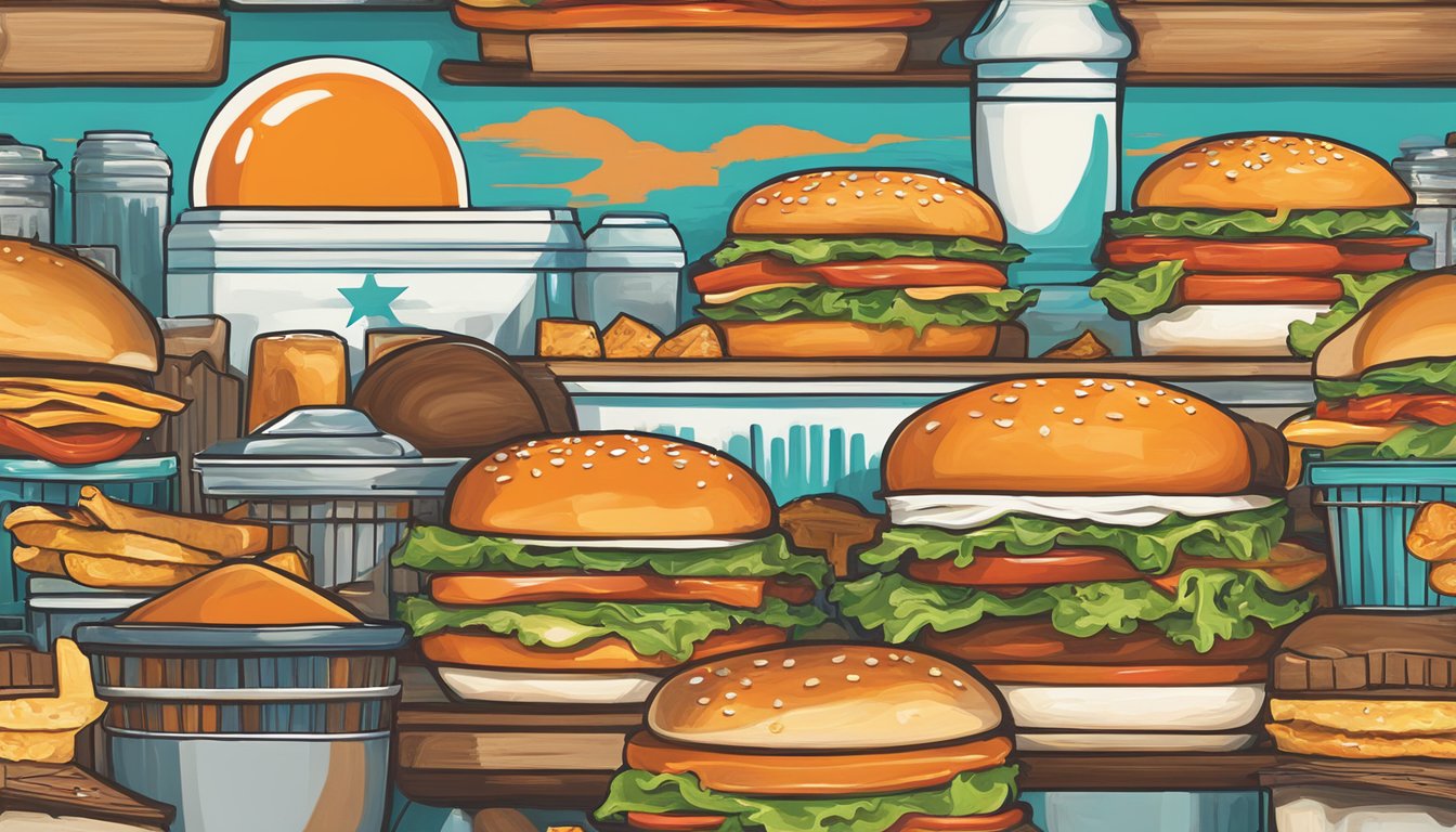 A vibrant Whataburger-themed mural featuring iconic Texas imagery and colors