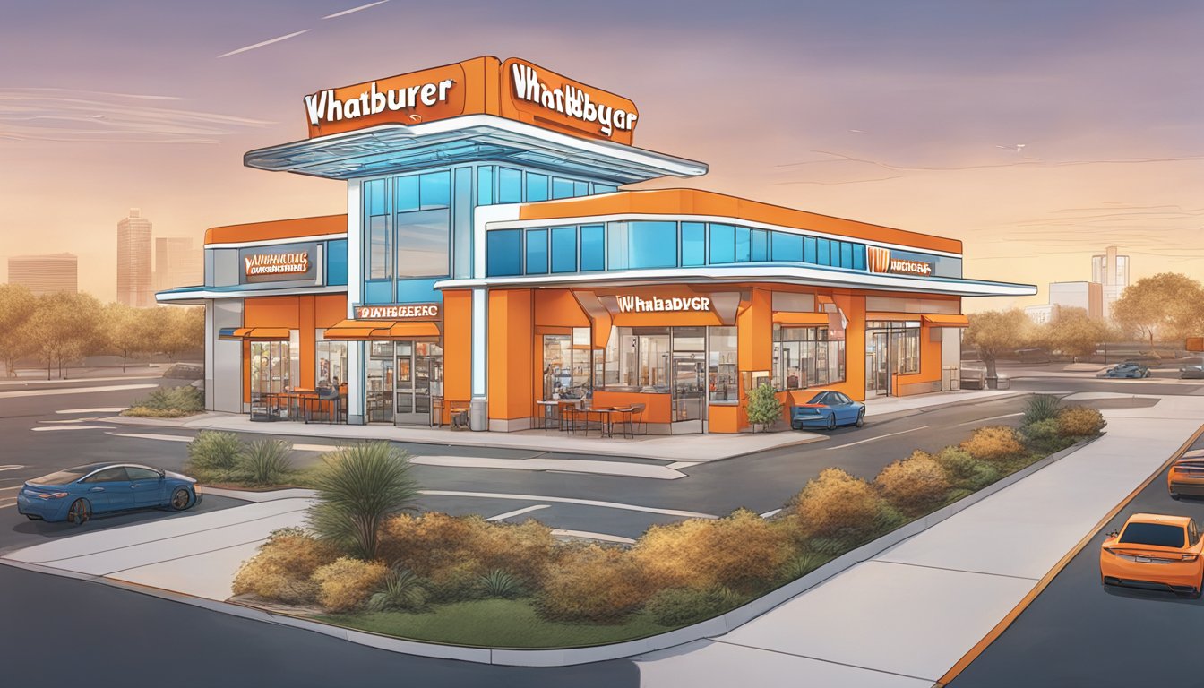 A bustling Space City Whataburger location with a futuristic design, surrounded by 7 other uniquely designed Whataburger restaurants in Houston