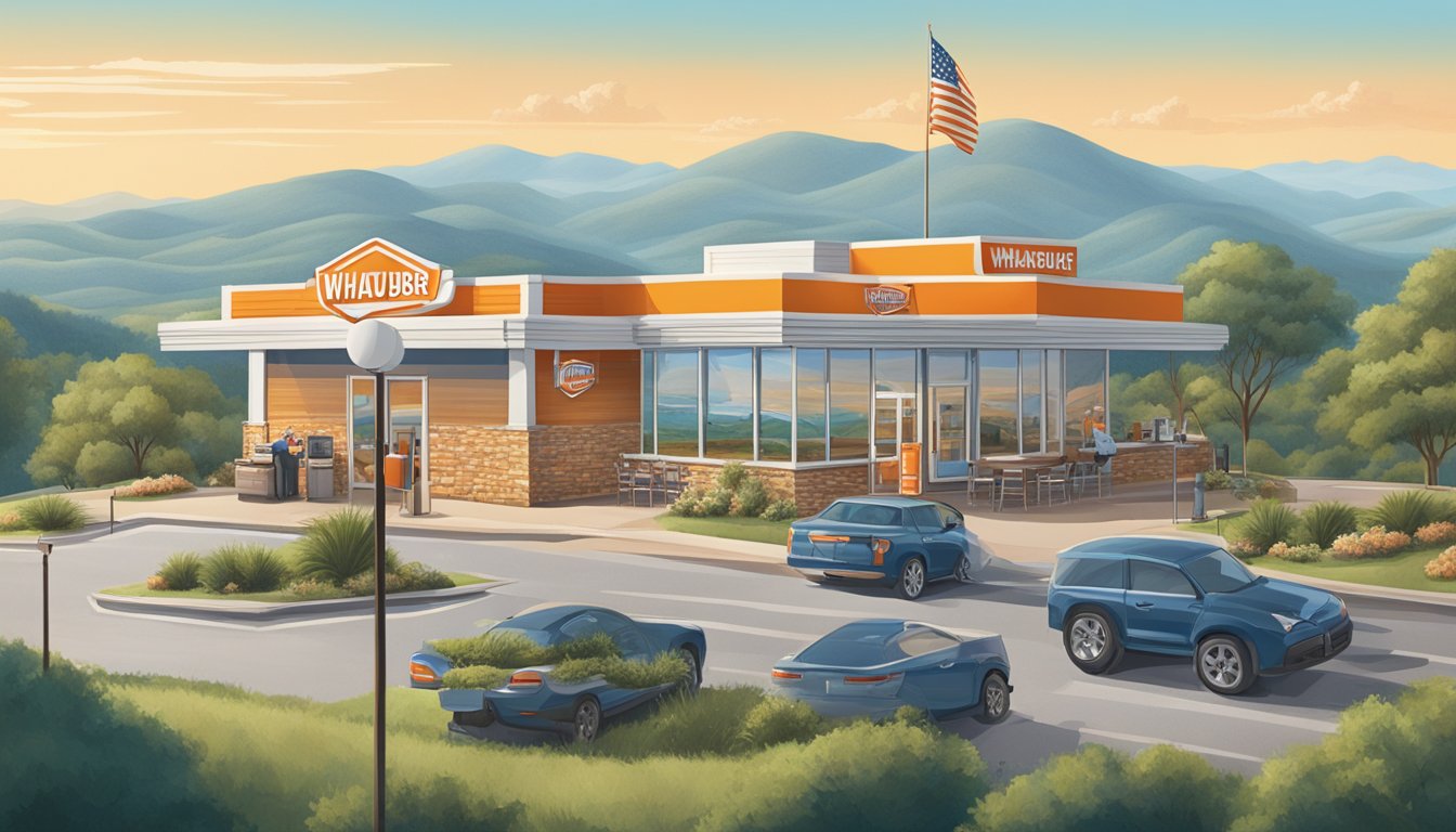 A bustling Whataburger in the Hill Country with a unique design, surrounded by rolling hills and a clear blue sky