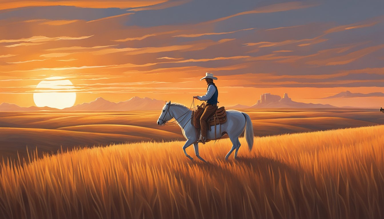 A lone cowboy rides through a vast, rolling landscape dotted with iconic Whataburger orange and white stripes. The setting sun casts a warm glow over the scene, capturing the essence of Texas spirit