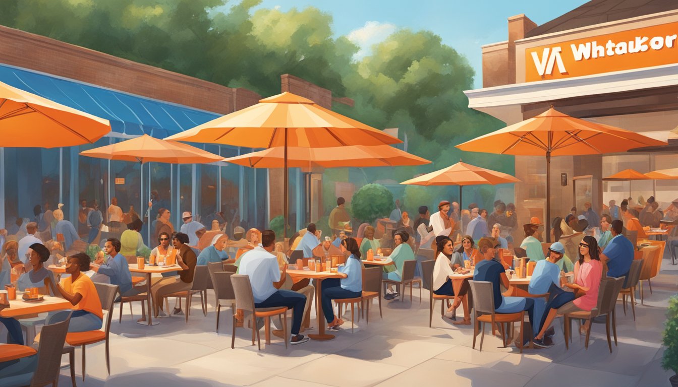 A group of celebrities enjoying Whataburger together at a lively outdoor patio with colorful umbrellas and a bustling atmosphere