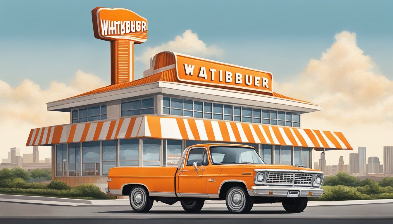 A lone Whataburger restaurant stands proudly against a backdrop of the Texas skyline, with a giant orange and white striped sign towering above the building