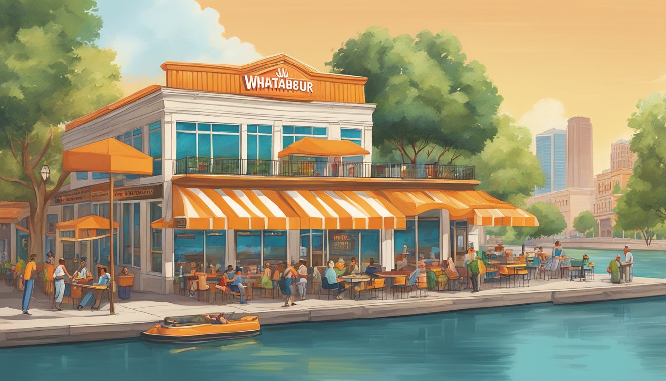 A bustling River Walk scene with 8 unique Whataburger locations, each with distinct designs and surrounded by the vibrant energy of San Antonio