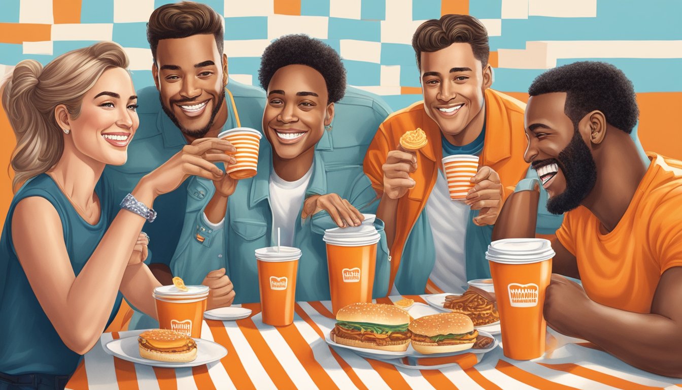 A group of celebrities enjoying Whataburger at a table, with smiles on their faces and the iconic orange and white striped cups in hand