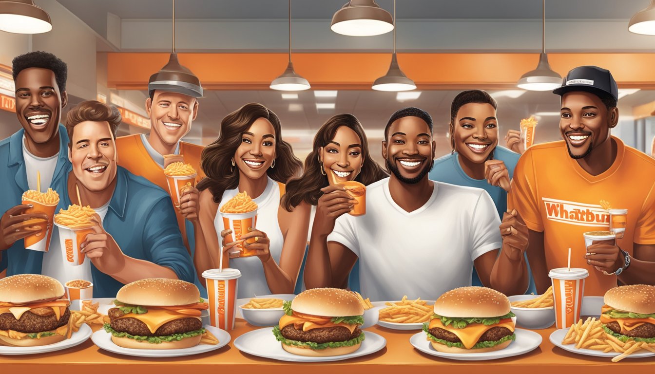 A group of 11 celebrities enjoying Whataburger, with smiles on their faces as they savor the delicious food