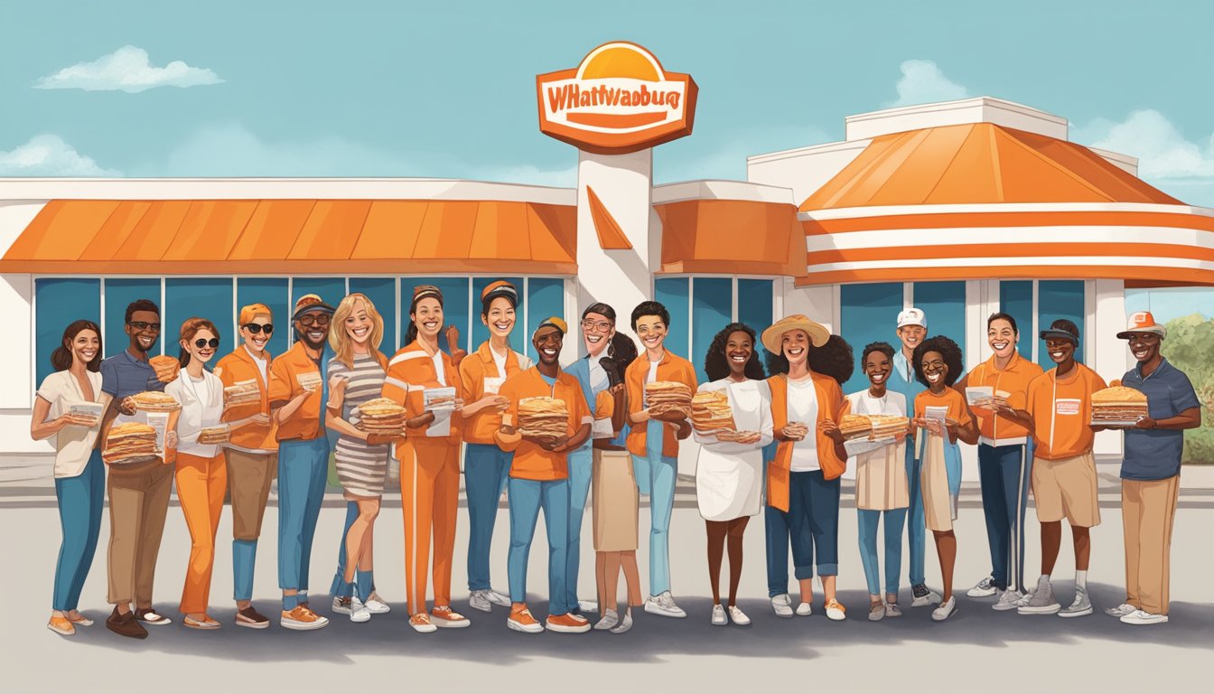 A group of 11 celebrities standing in front of a Whataburger restaurant, smiling and holding their favorite menu items