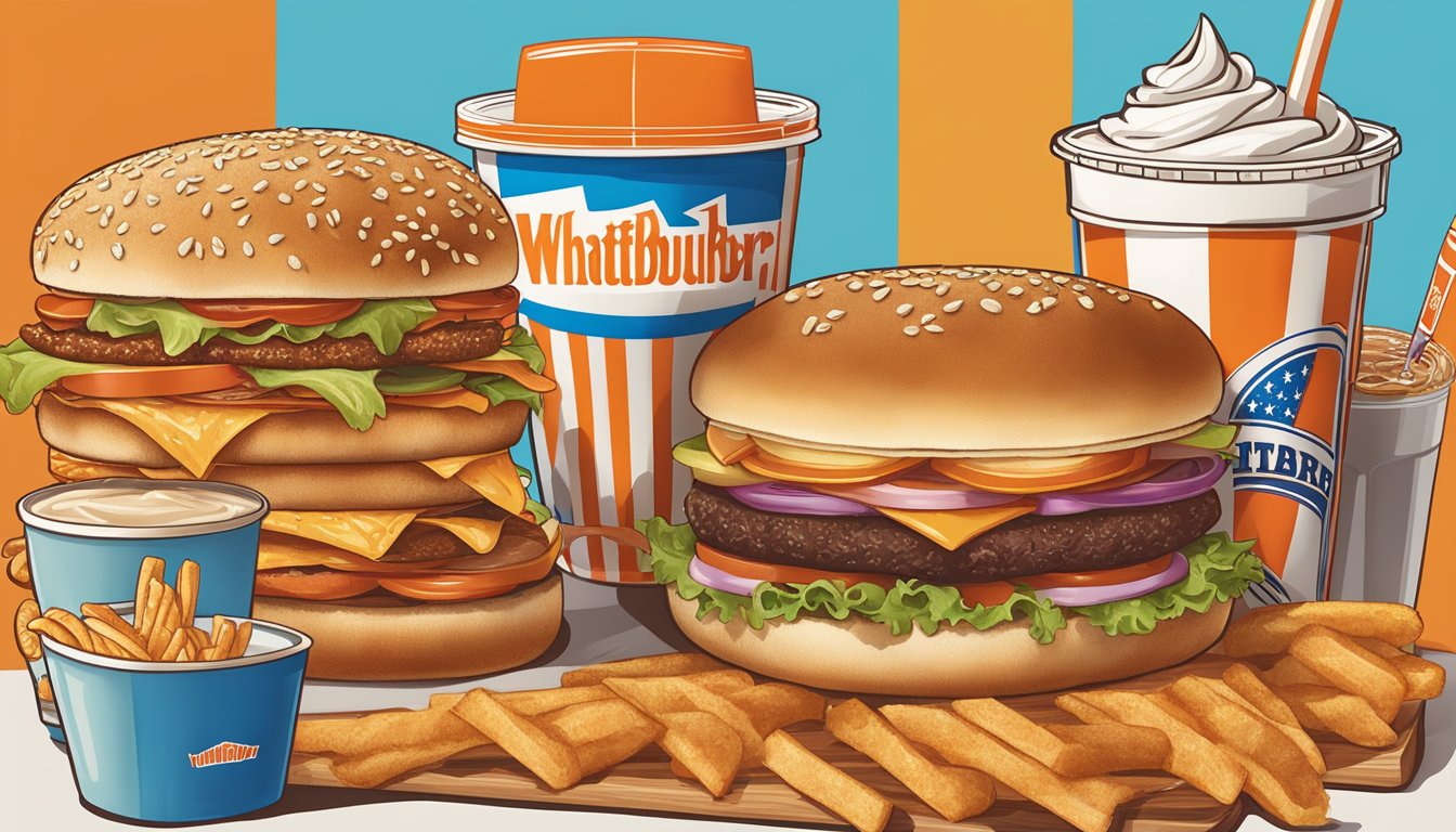 A group of 11 iconic items associated with each celebrity, arranged around a Whataburger logo