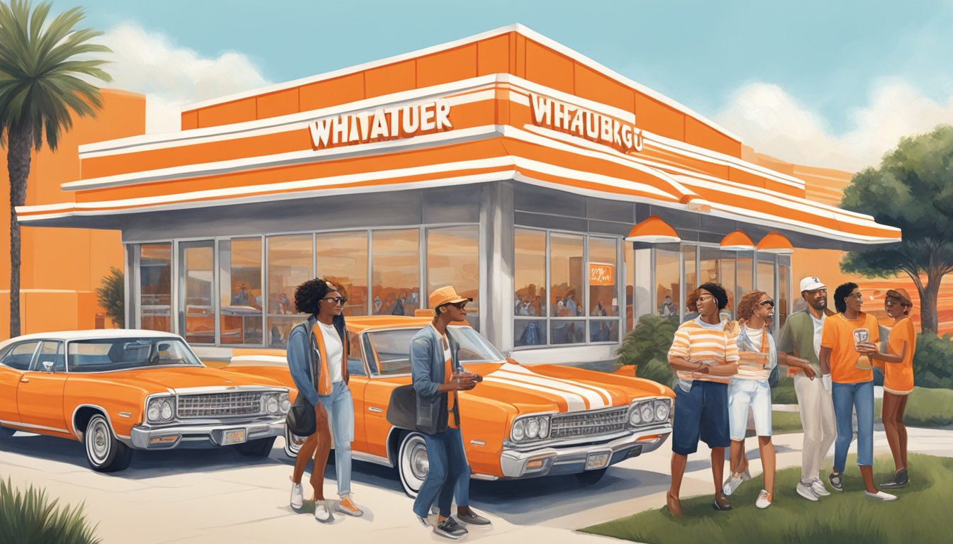 A group of celebrities enjoying Whataburger, with the iconic orange and white striped building in the background