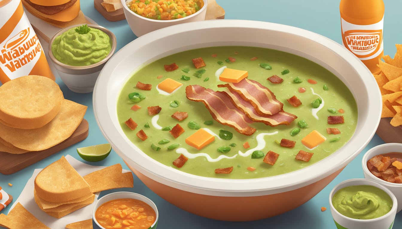 A steaming bowl of bacon guacamole soup surrounded by rejected Whataburger items