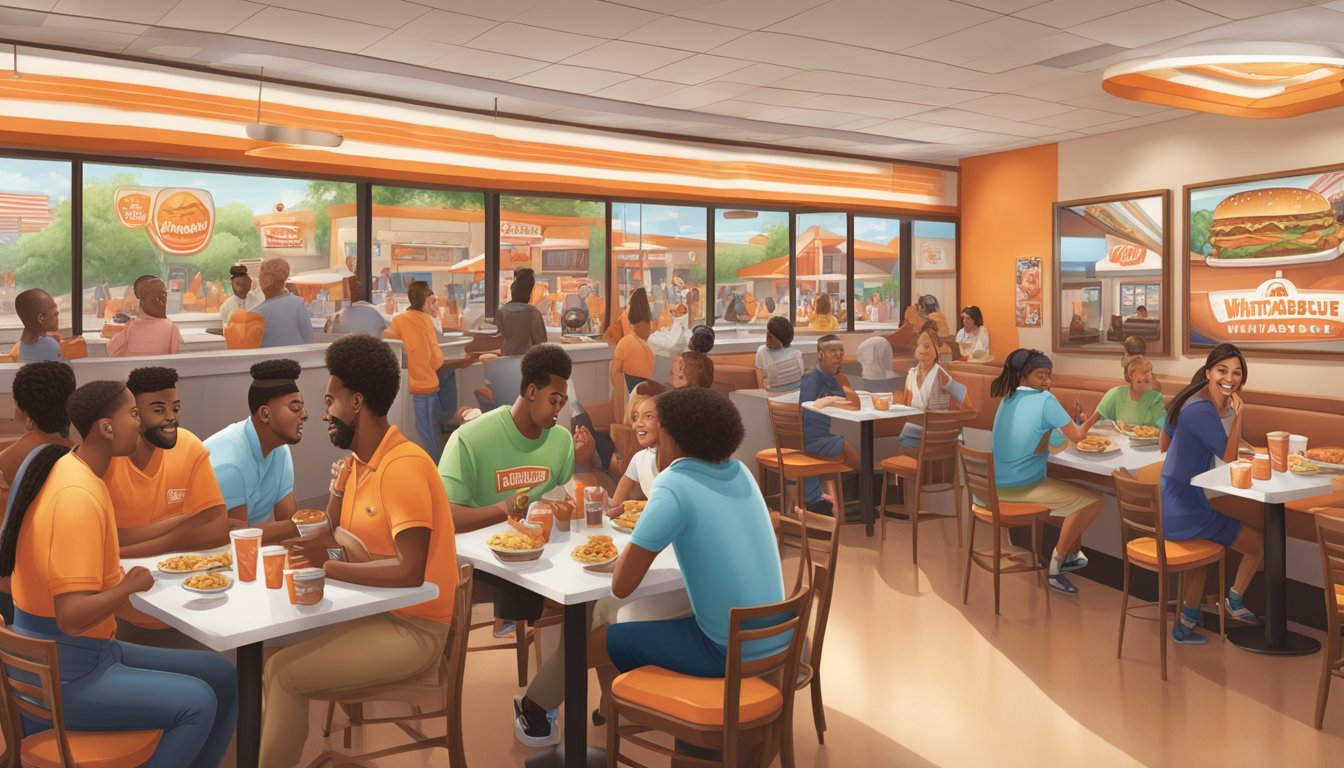 A bustling Whataburger restaurant with a diverse group of people enjoying their meals, while iconic celebrities' images are displayed on the walls