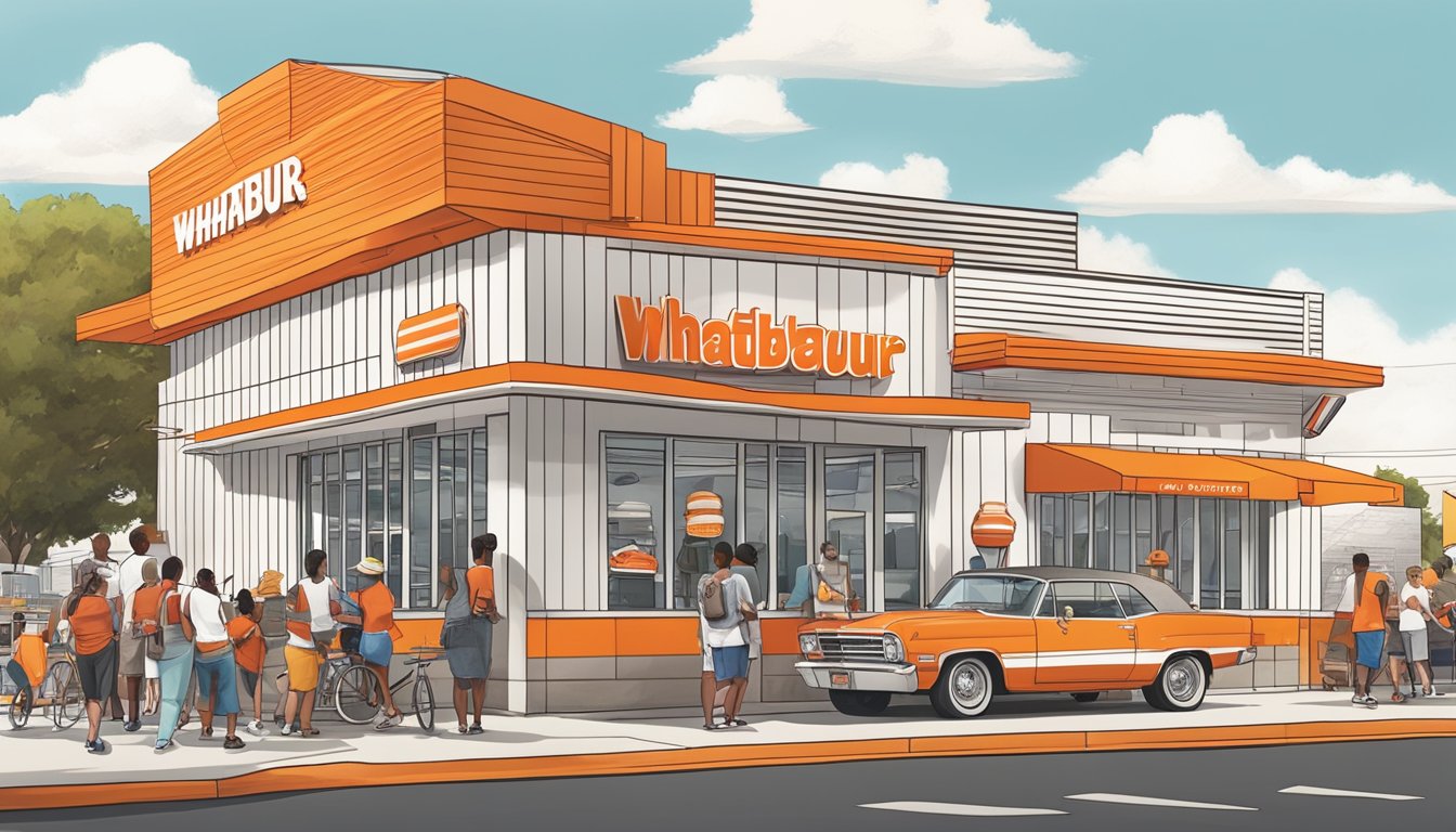 A bustling Whataburger restaurant with a diverse group of customers enjoying their meals, while the iconic orange and white striped building stands out in the background