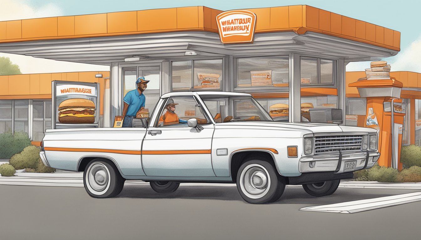 A car at a Whataburger drive-thru, with a comical mix-up of orders and a frustrated employee