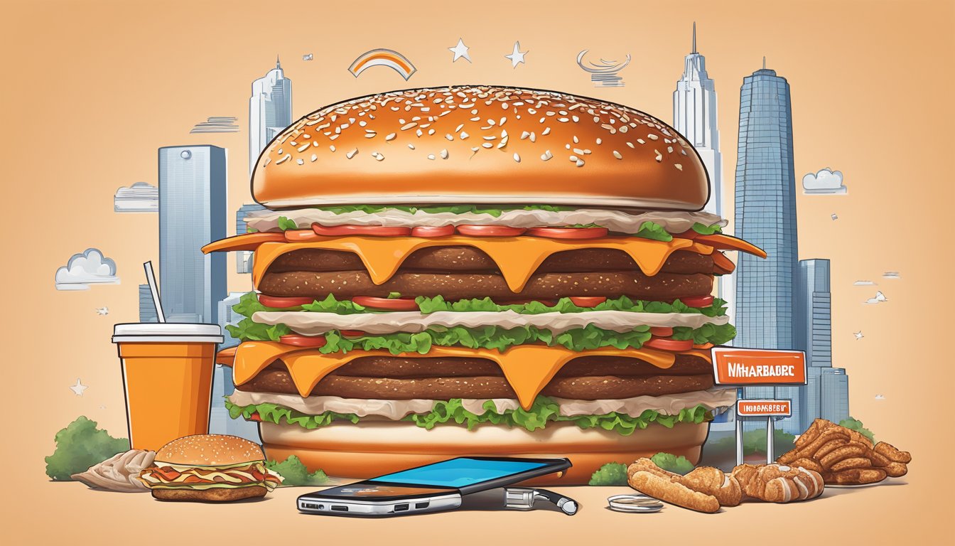 A towering Triple Meat Whataburger surrounded by social media icons and trending hashtags