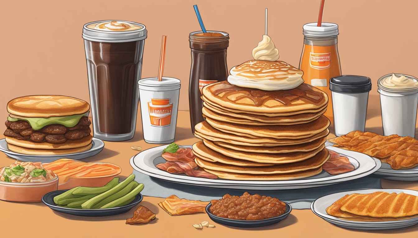 A stack of bacon jam pancakes surrounded by various rejected Whataburger menu items