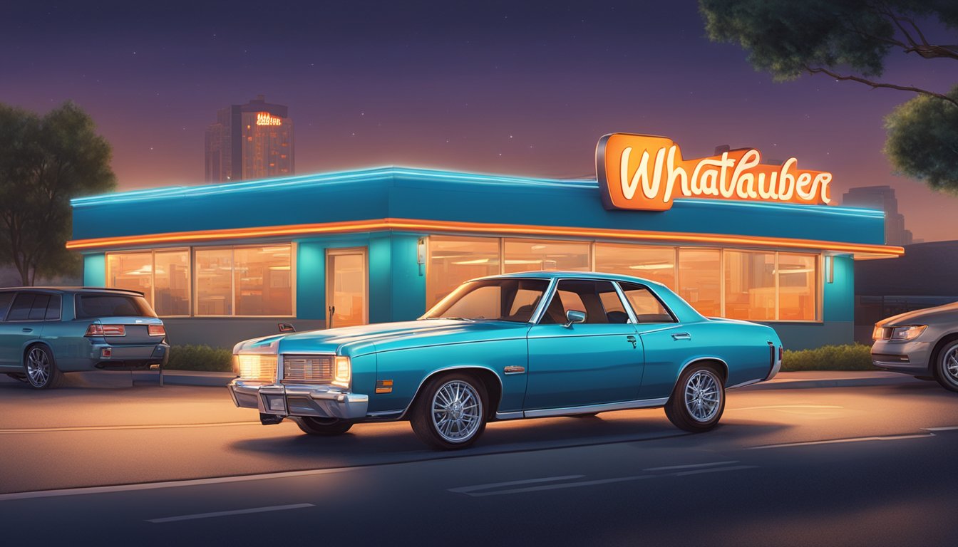 A car parked outside a Whataburger with a glowing sign, surrounded by a late-night cityscape