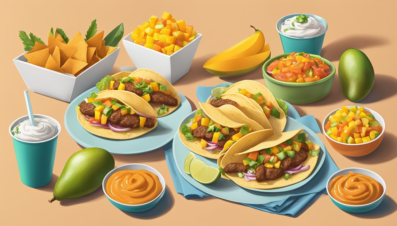 A colorful spread of mango salsa tacos and various Whataburger items arranged on a table