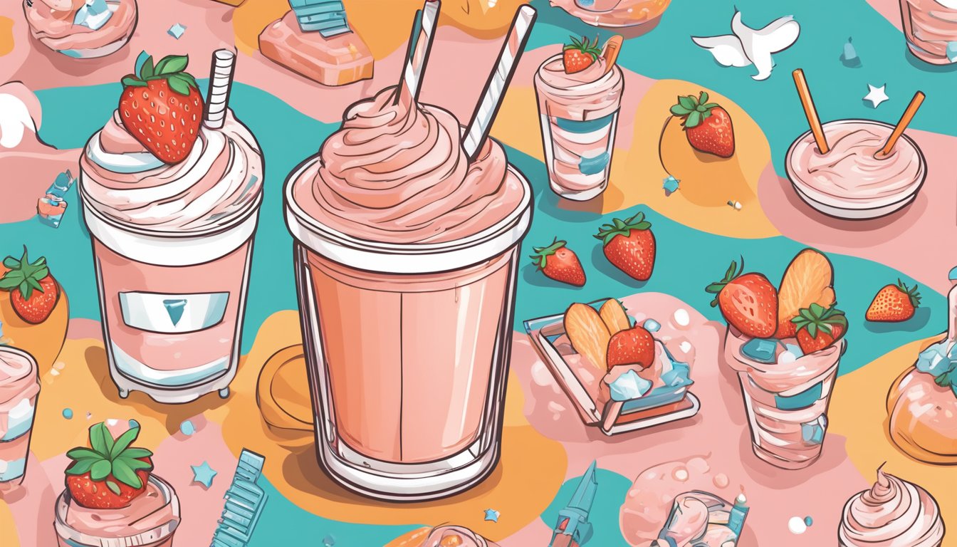 A Whataburger strawberry milkshake surrounded by viral social media icons and trending hashtags